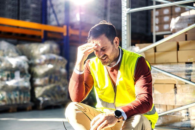 Warehouse worker in a yellow safety vest crouching, experiencing a severe headache and general stress on the job due to exhaustion