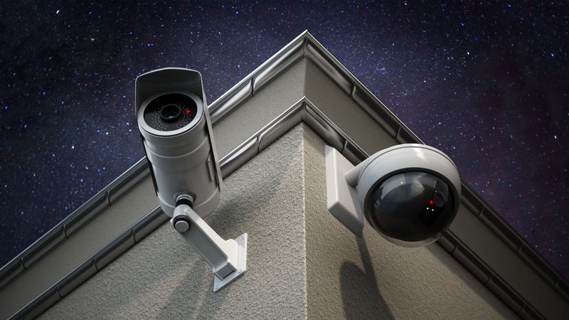 Two security cameras are installed at the corner of a building, providing surveillance coverage during night time. The cameras ensure safety and security.
