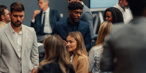 People networking in a professional setting.