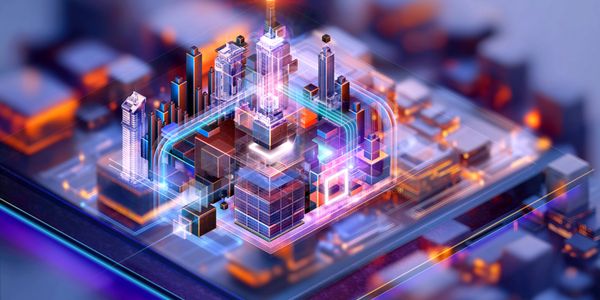 Futuristic digital cityscape with neon lights and transparent structures.