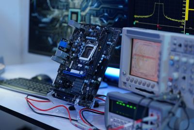 Circuit board connected to testing equipment in a lab.
