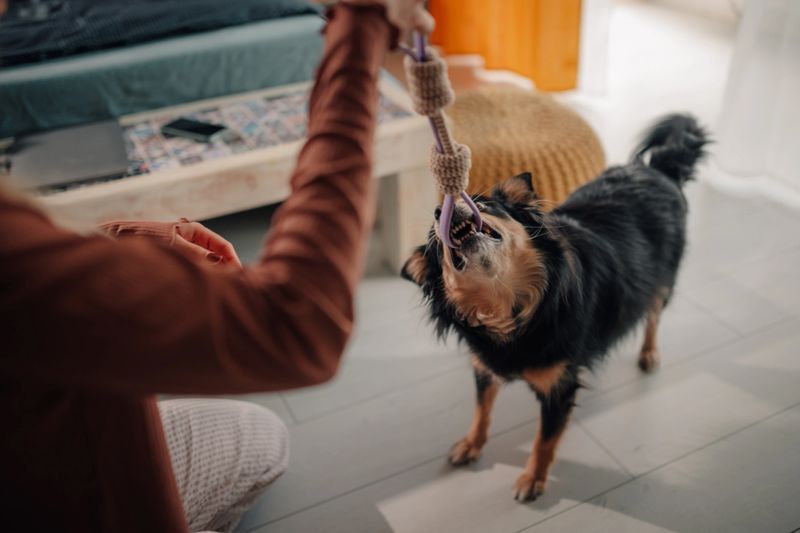 Person engaging with a dog in a lively game of tug of war at home, promoting pet bonding and playful interaction