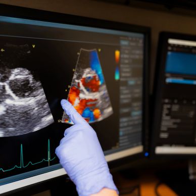 Gloved hand pointing at a heart ultrasound image on a medical monitor.