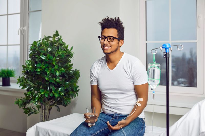 Happy, smiling young ethnic African American man sitting on a medical bed at the clinic, drinking water and receiving modern intravenous vitamin therapy through a sterile IV drip line infusion system