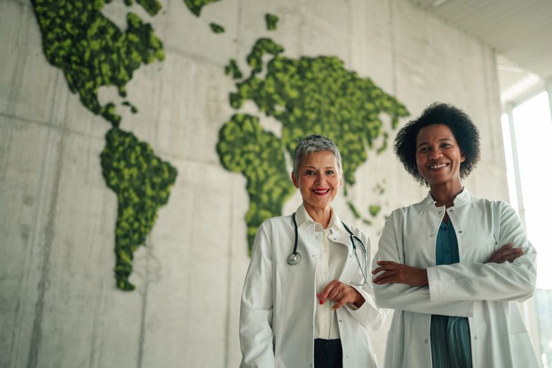 Two smiling women doctors standing confidently with a green moss world map background, representing global healthcare and sustainability