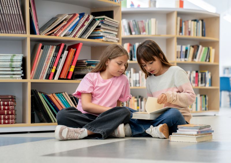 Happy Latin American girls sitting on the floor reading books at the school library - education concepts