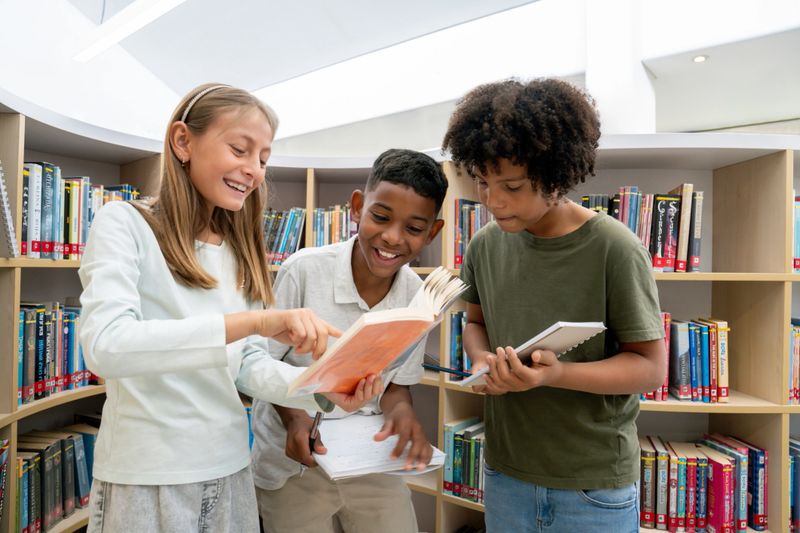 Happy Latin American students reading a book at the school library and laughing - education concepts