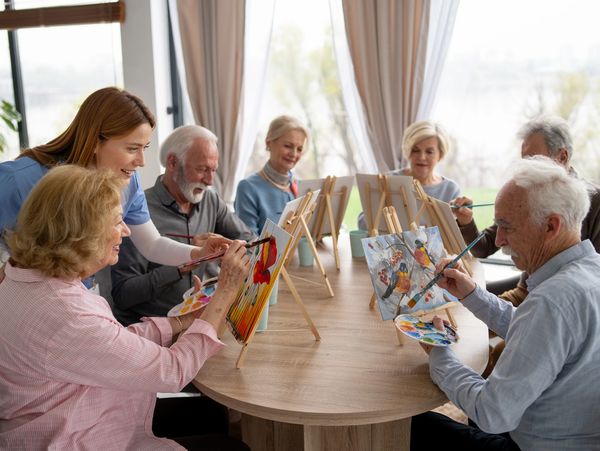 A group of elderly people painting with a young instructor's help.