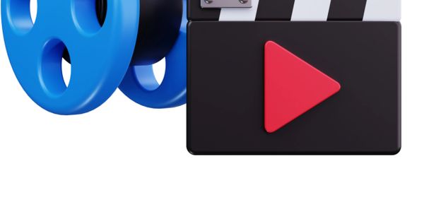 Blue film reels and a black clapperboard with a red play button.