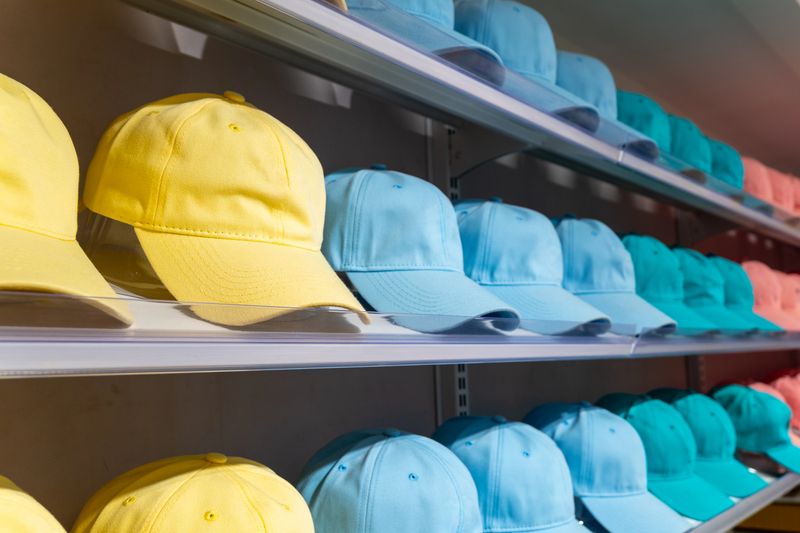 Colorful baseball caps neatly arranged on store shelves in rows. Concept of fashion, retail, and style.