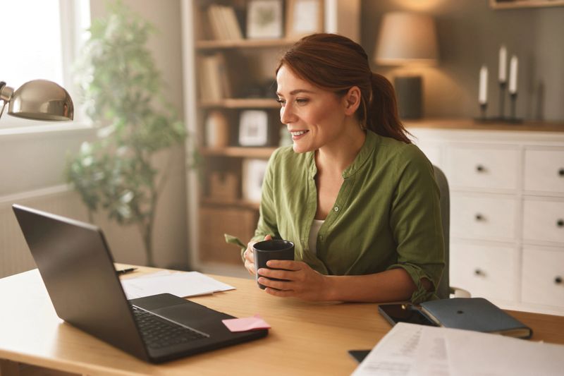 Smiling businesswoman working from home office enjoying a cup of coffee
