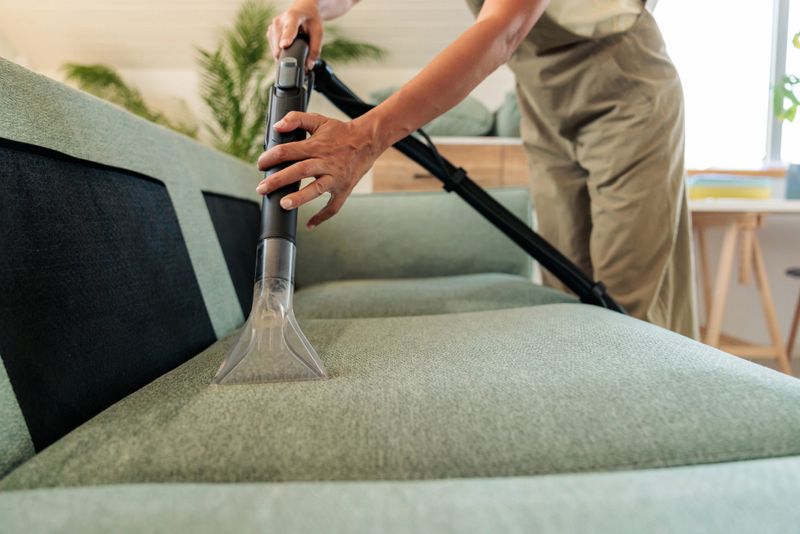 Close-up view of a person using a deep cleaning vacuum cleaner to wash and extract dirt from a sofa cushion in a bright modern living room. The image emphasizes hygiene, cleanliness, and effective furniture care using advanced home cleaning technology.