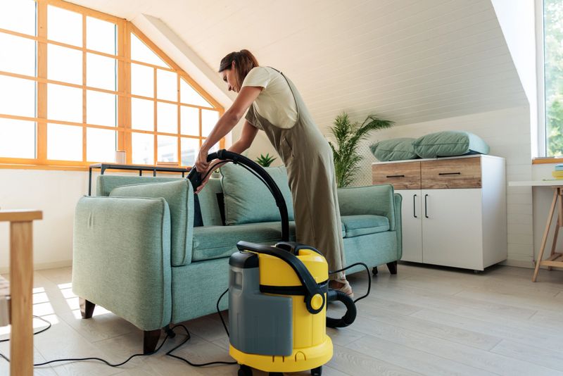 A woman using a deep cleaning vacuum cleaner to wash and refresh a fabric sofa in a bright, modern living room. The image highlights effective home cleaning, hygiene, and modern appliance use for maintaining a fresh and healthy household environment.