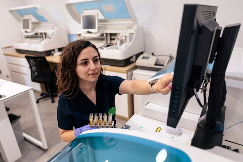 A focused female laboratory technician wearing gloves works with a medical analyzer, holding several test tubes while adjusting settings on a computer screen. The modern laboratory environment reflects precision, technology, and professionalism in medical diagnostics and clinical research.