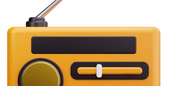 Retro yellow portable radio with tuning dial and antenna.