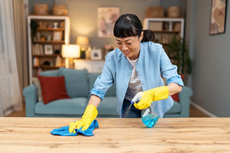 Asian woman wearing yellow rubber gloves and blue shirt efficiently cleaning a wooden table with a spray bottle and microfiber cloth, tidying her home