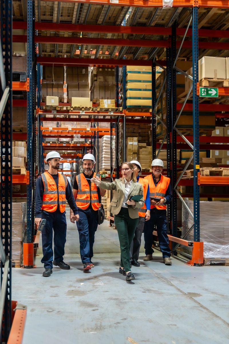 Female manager discussing inventory with male warehouse workers walking through a large storage facility, managing supply chain operations and goods distribution