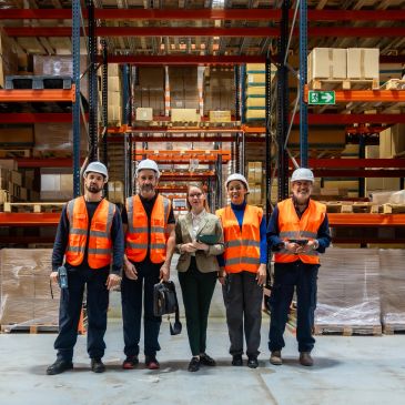 Team of workers and supervisor in a warehouse.