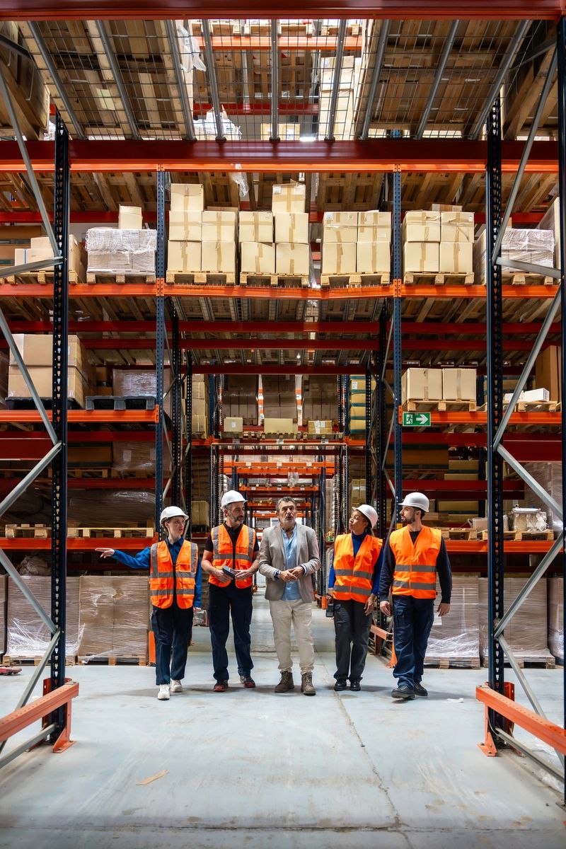 Five diverse logistics professionals, including a manager and workers in hard hats and safety vests, walking through a large warehouse filled with inventory delivering goods and packages