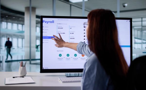 Woman interacting with payroll data on a computer screen.