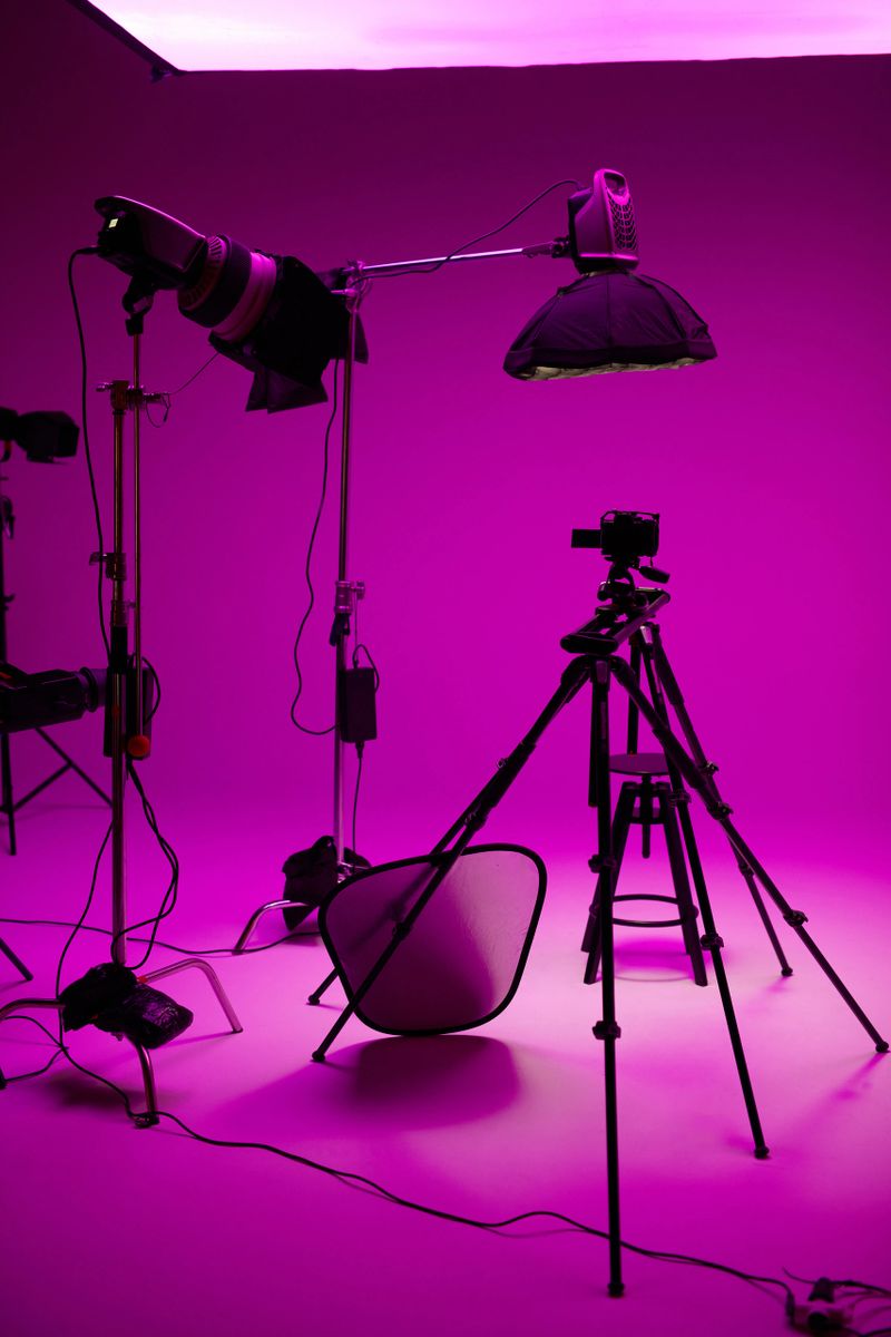 Modern LED studio lights and set for commercial video and photography use.