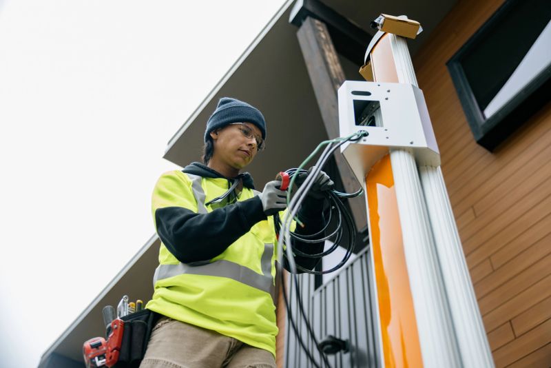 An EV charge station technician works diligently at putting in a new charging point access for environmentally friendly clean energy.  Shot in Washington state.