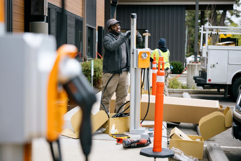 EV charge station technicians work diligently at putting in a new charging point access for environmentally friendly clean energy.  Shot in Washington state.