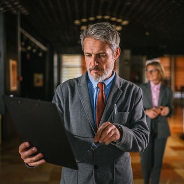 Mature businessman reviewing documents on a clipboard in an office setting.