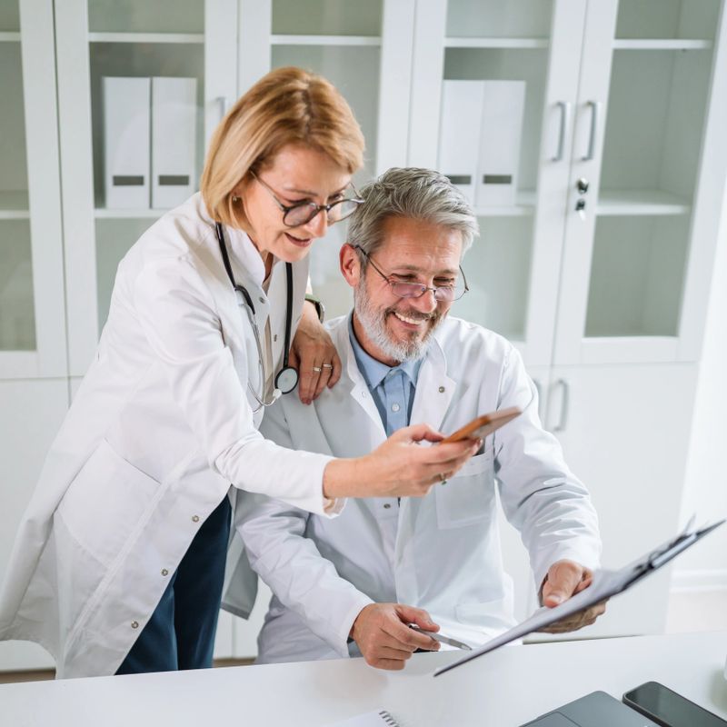 Two smiling doctors in white coats collaborate in a bright clinic, sharing a smart phone and clipboard while discussing patient information, showcasing teamwork and digital healthcare