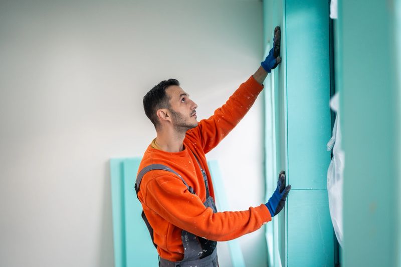 Male professional in uniform checking alignment of XPS insulation panels on the wall with a level, demonstrating attention to detail and quality workmanship.