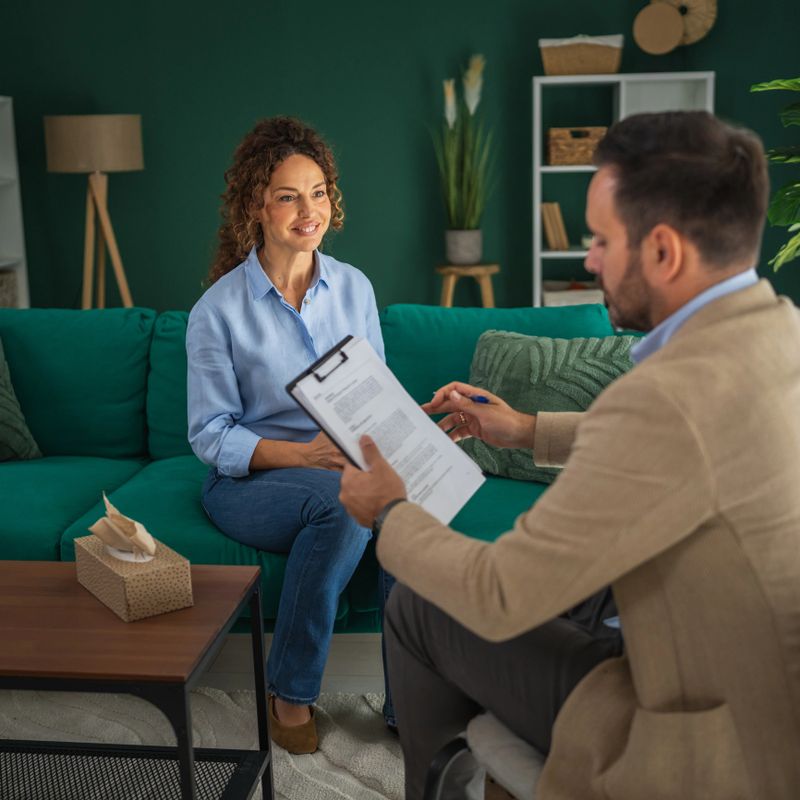 Smiling woman sitting on a sofa, communicating and actively participating in a feedback session with a mental health professional taking notes during their appointment