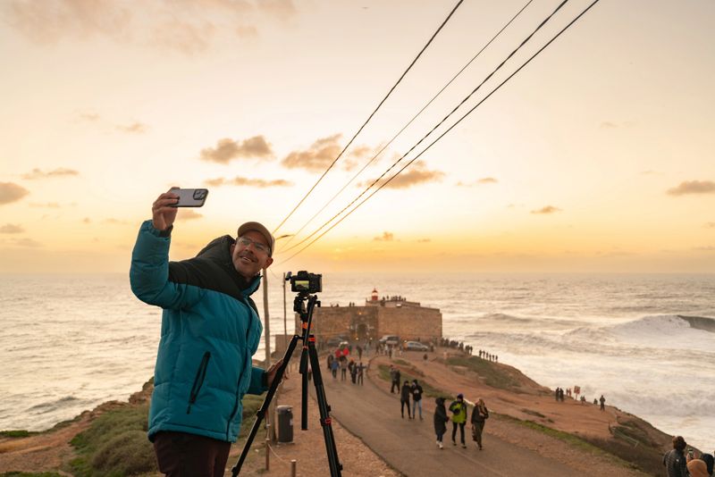 Tourism at Praia do Norte in Nazaré, Portugal