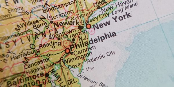 Close-up map of northeastern U.S. cities including Philadelphia and New York.