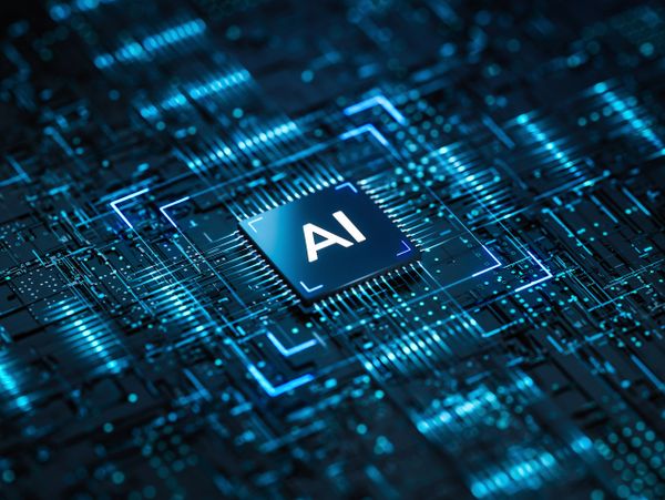 Close-up of a glowing AI chip on a futuristic circuit board.