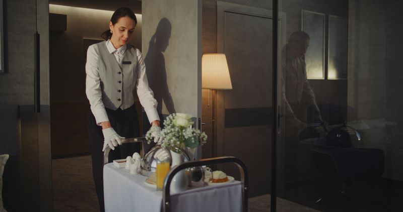 Graceful Hotel Service Professional Enters Elegant Room With Breakfast Cart. Polite Female Staff Member Provides Personalized Attention. Concept Comfort, Warm Welcome and Premium Guest Experience.