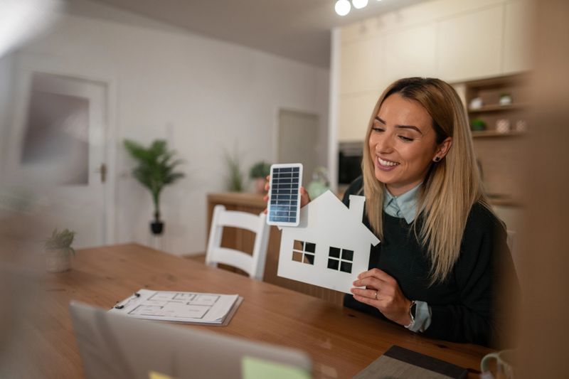 Young woman holding a miniature solar panel and paper house model, presenting renewable energy and sustainable living solutions for modern homes and eco-friendly residential projects