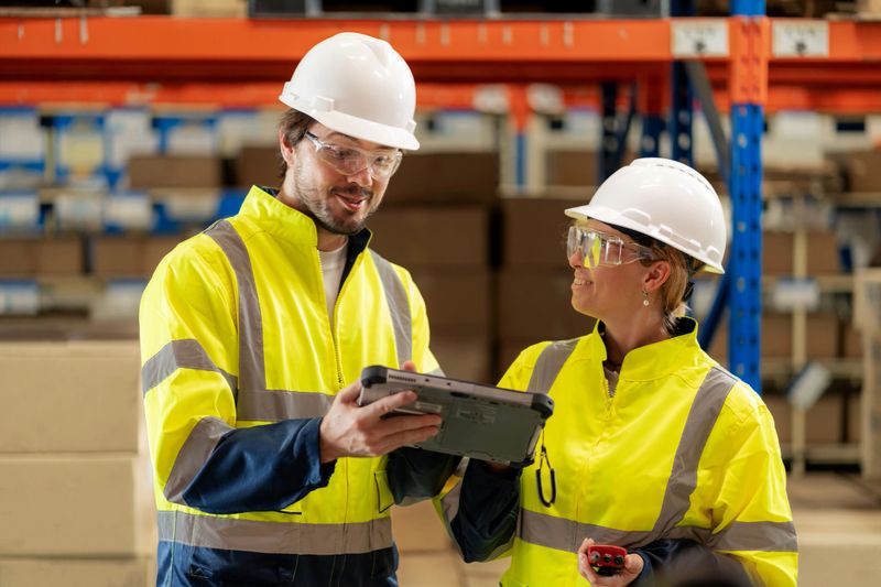 Two young engineers review today’s shipping and workflow plans using a digital tablet inside a spacious warehouse. Their teamwork, communication, and modern technology highlight efficient organization and error-free industrial operations.