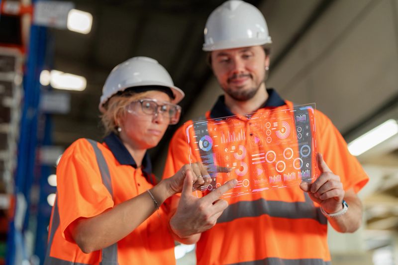 Two warehouse employees review infographic data displayed on a digital monitor, discussing insights to improve performance and planning. The scene reflects teamwork, data-driven strategy, and advanced technology in supply chain operations.