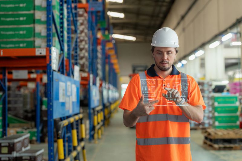 A warehouse worker controls a robotic arm through a digital monitor while analyzing infographic data to pick products accurately. The scene demonstrates advanced technology, efficiency, and modern supply chain operations.