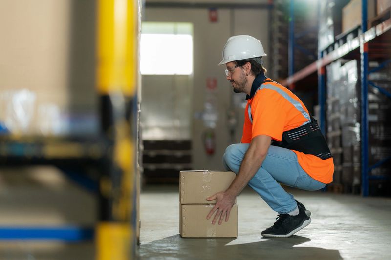 A warehouse worker uses a back support strap while lifting a heavy cargo box. The image emphasizes injury prevention, safety compliance, proper material handling, and organized workflow in a busy distribution warehouse.