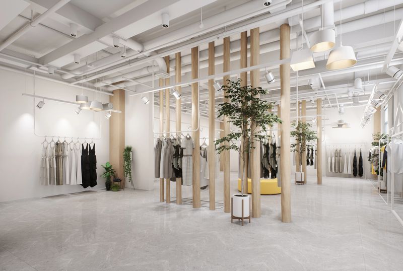 Modern Minimalist Clothing Store Interior with Industrial Ceilings and Natural Wood Accents.3D illustration