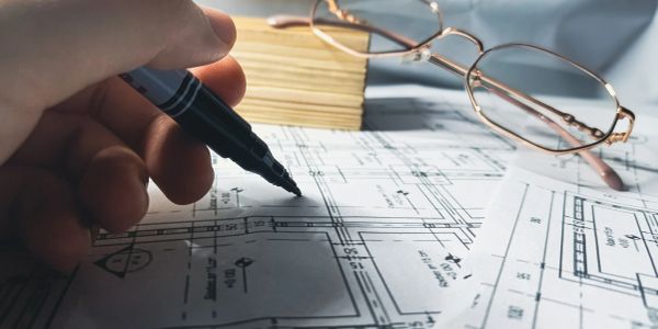 Hand marking architectural blueprints with reading glasses nearby.