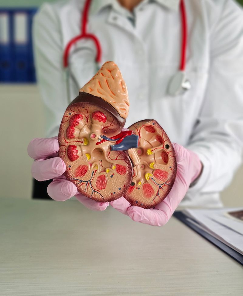 Healthcare professional holds kidney model to explain organ functions during a medical consultation in a clinic setting