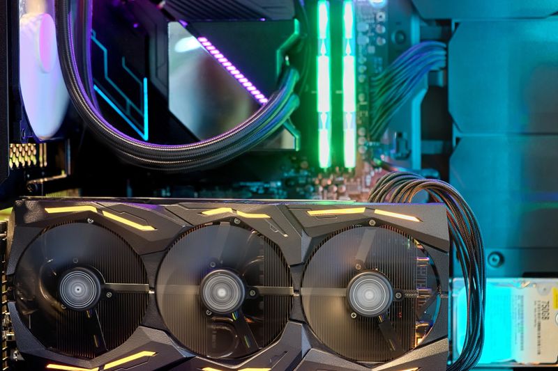 Close-up computer graphic card that installed on computer case and working