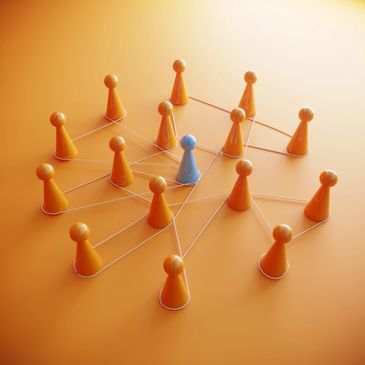 Blue figure connected to multiple orange figures in a network.