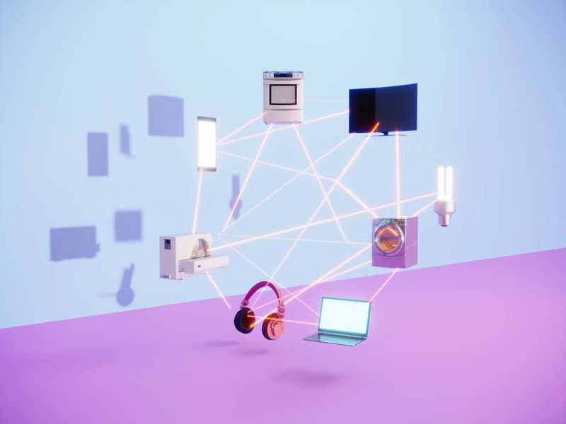 Various home electronics are linked by glowing network strings, symbolizing the invisible digital connections that enable modern smart systems. (3d render)