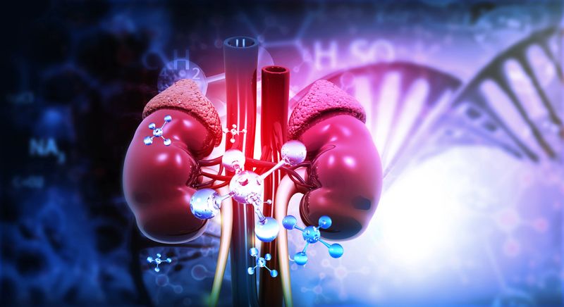Human kidney anatomy with chemical molecules on scientific background. 3d illustration