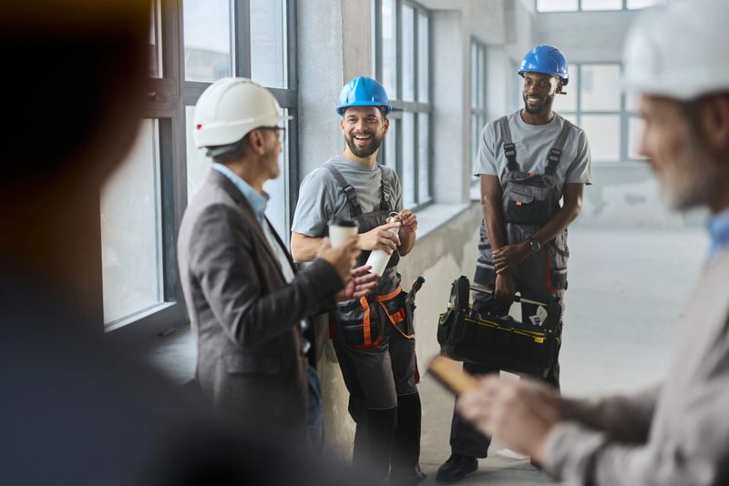 Happy diverse manual workers communicating with their architect at construction site.