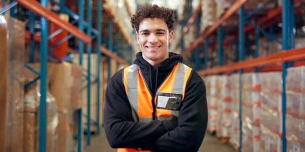 Smiling warehouse worker in safety vest.