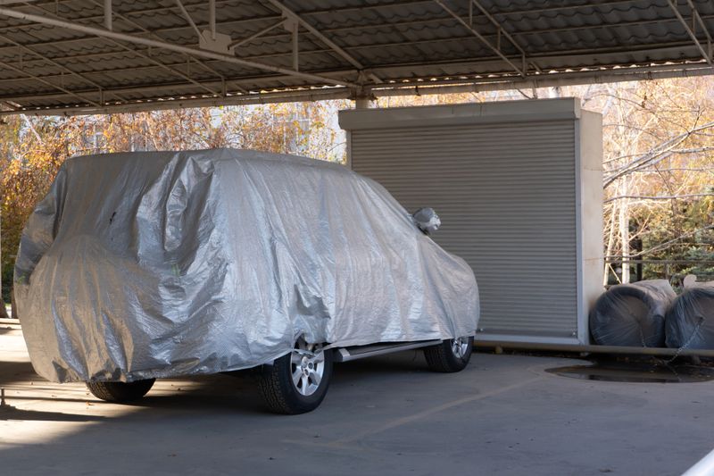 A silver SUV is parked under a metal carport and covered with a protective car cover. The background includes a closed storage unit and some trees with autumn foliage.